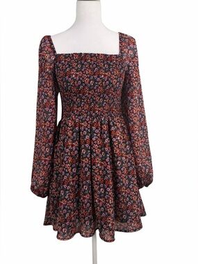 mi ami Floral Tunic Dress, Square Neck, Long Sleeves, Size M, Boho Vibes